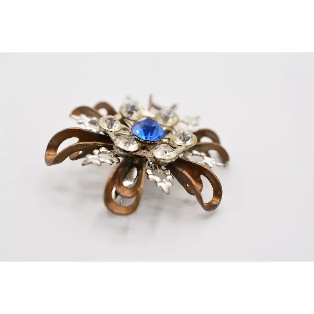 Vintage Flower Pin Brooch Brass Tone Metal Blue Rhinestone 3D Elegant 70s BinAL
